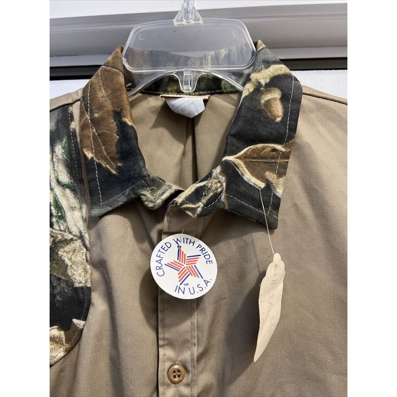 VTG Ideal Men L Khaki Camo Trim, Short Sleeve Canvas Hunting/Shooting Shirt NEW! - Picture 2 of 8